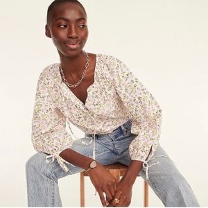 J. Crew Poplin Top Floral Print Tie-sleeve Button-Front Sz M
